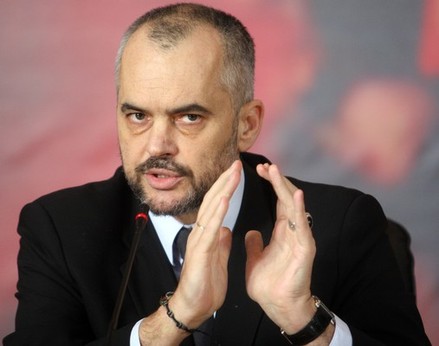 Albanian opposition leader Edi Rama give